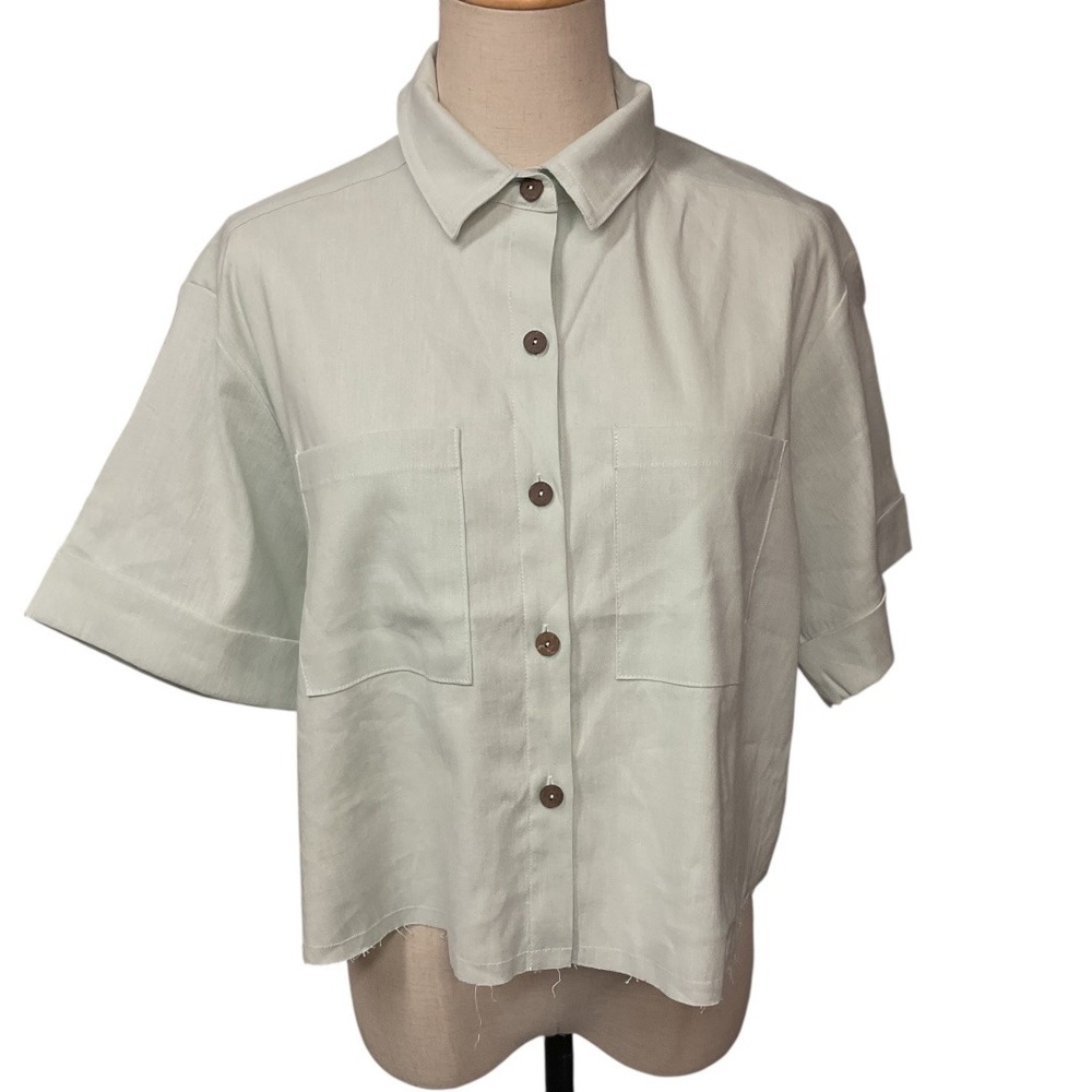 Shore Women's Short Sleeve Collared‎ Button Down Shirt Green Size S Linen Bl NWT